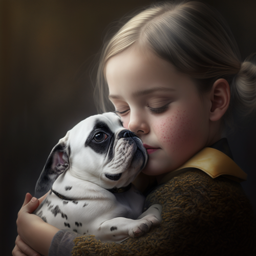 child hugging her dog