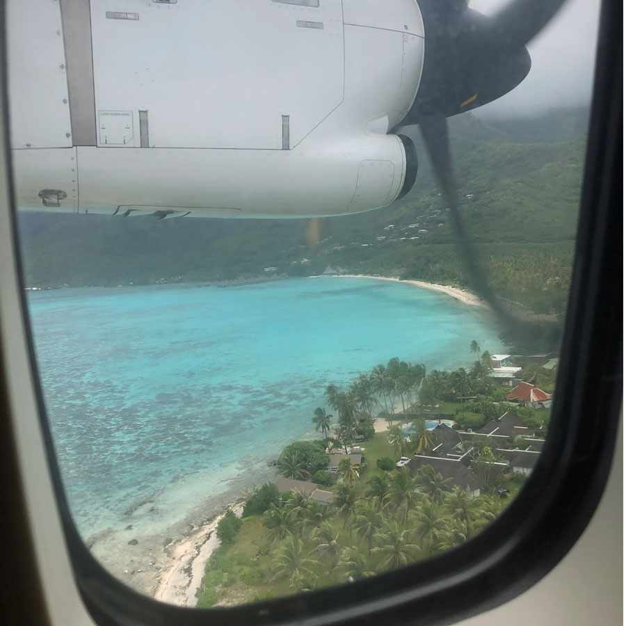 Flying past our resort on Moorea.