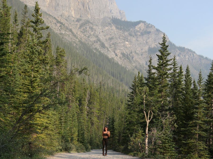 hiker standing amidst pine trees on a hiking trail in Grassi Lake, Canmore, Alberta, Canada, in front of a mountain landscape