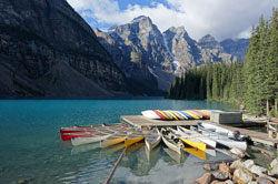 Canoes on the Dock of Moraine Lake