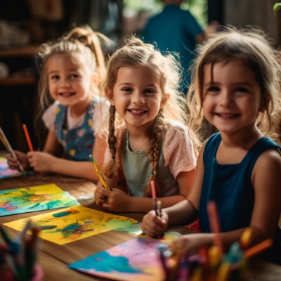 three young girls doodling and coloring during craft time