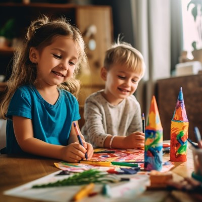brother and sister drawing together