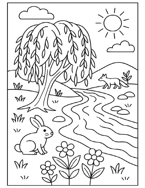 coloring page of a willow by the river