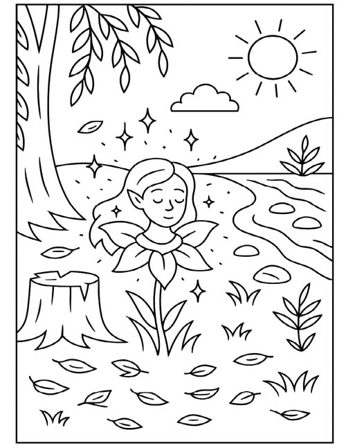 coloring page of the Willow maiden transforming into a flower