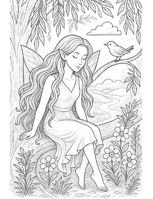 adult coloring page of the willow maiden